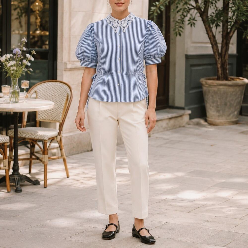 Alice Blue Women L Blue White Stripe Lace Collar Puff Sleeve Blouse Cottagecore